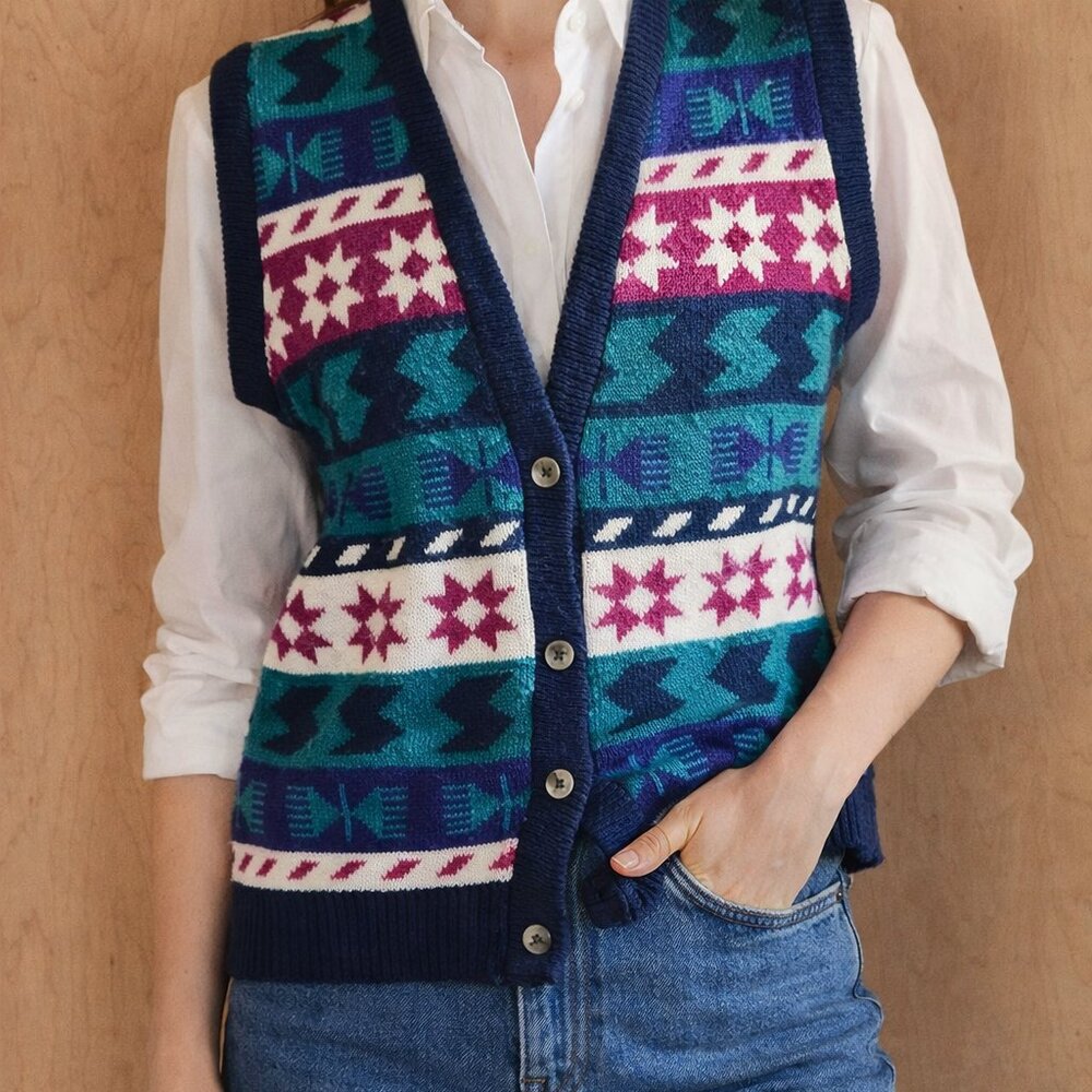 Vintage Knit Sweater Vest Southwestern Academia Preppy Grandma Boho Cottage Cozy